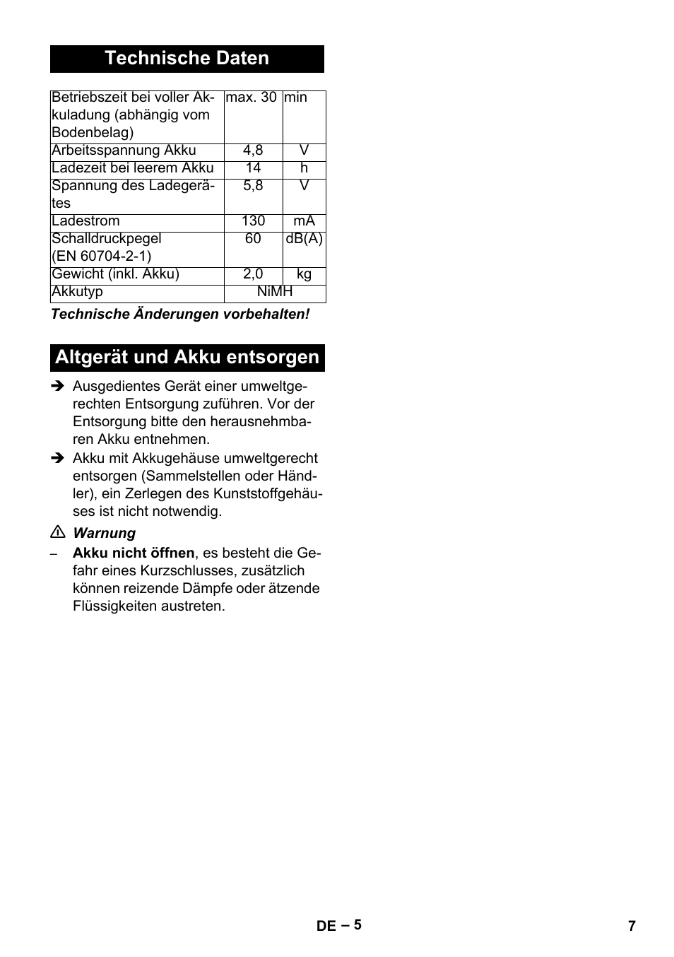 Technische daten, Altgerät und akku entsorgen | Karcher K 55 Pet Plus User Manual | Page 7 / 120
