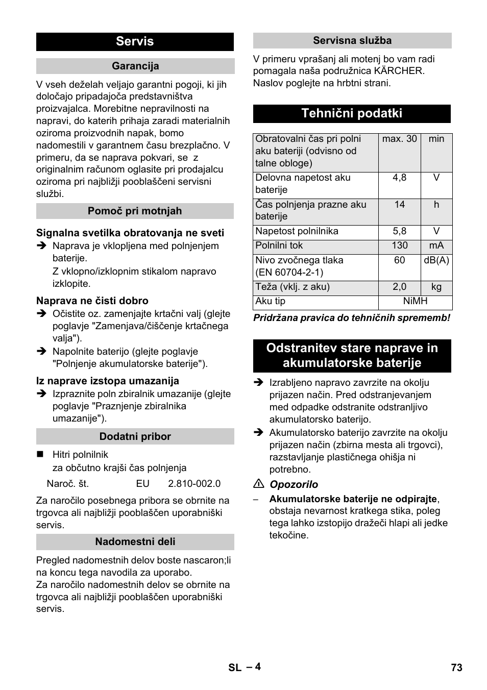 Servis, Tehnični podatki | Karcher K 55 Pet Plus User Manual | Page 73 / 120