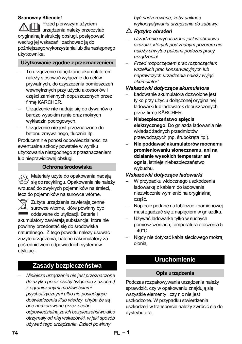 Polski, Zasady bezpieczeństwa uruchomienie | Karcher K 55 Pet Plus User Manual | Page 74 / 120