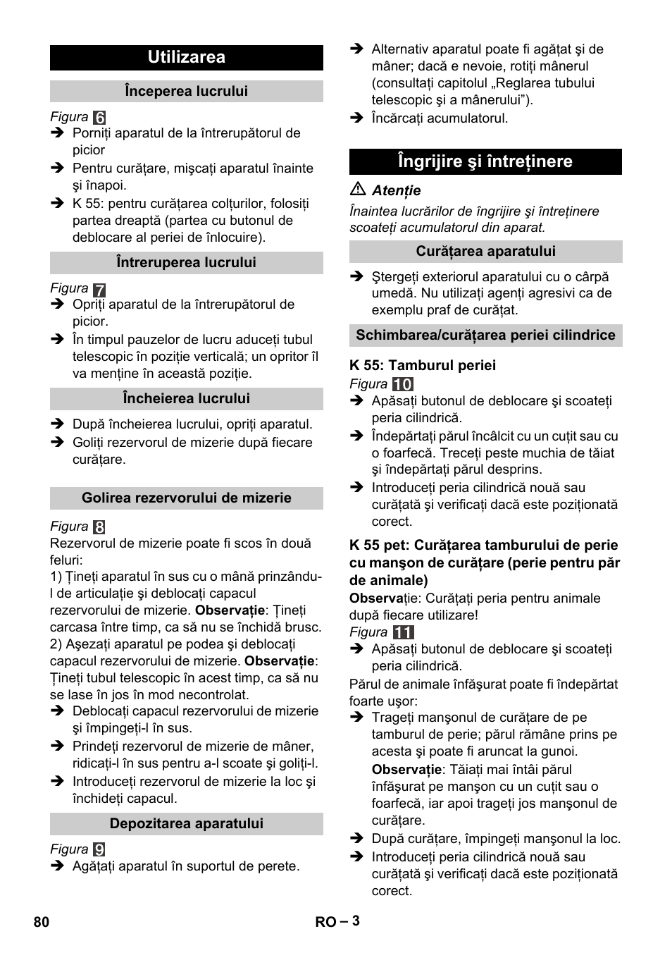 Utilizarea, Îngrijire şi întreţinere | Karcher K 55 Pet Plus User Manual | Page 80 / 120