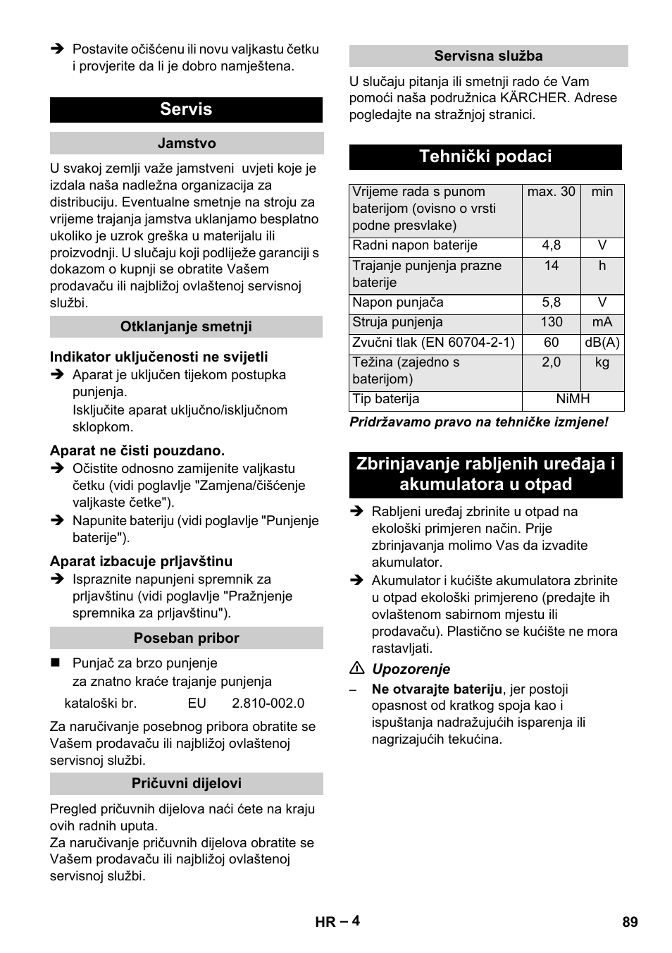Servis, Tehnički podaci | Karcher K 55 Pet Plus User Manual | Page 89 / 120