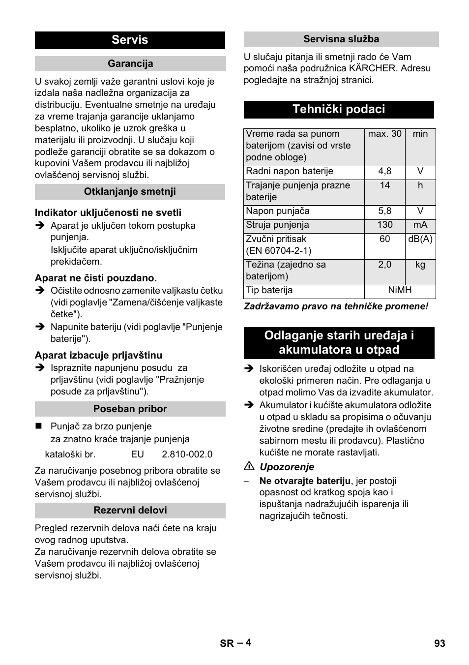 Servis, Tehnički podaci, Odlaganje starih uređaja i akumulatora u otpad | Karcher K 55 Pet Plus User Manual | Page 93 / 120