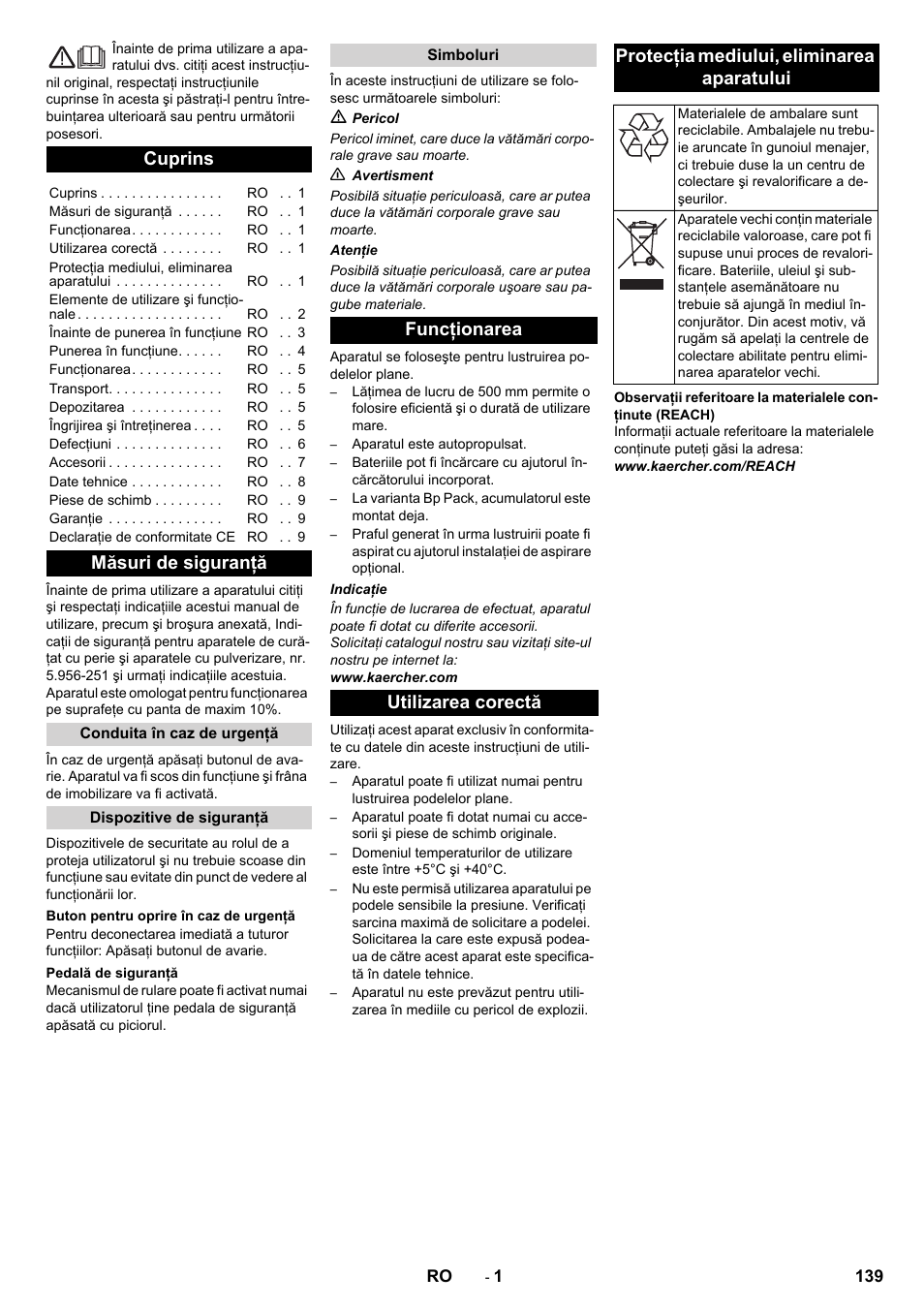 Româneşte, Cuprins, Măsuri de siguranţă | Karcher BDP 50 - 2000 RS Bp Pack User Manual | Page 139 / 236