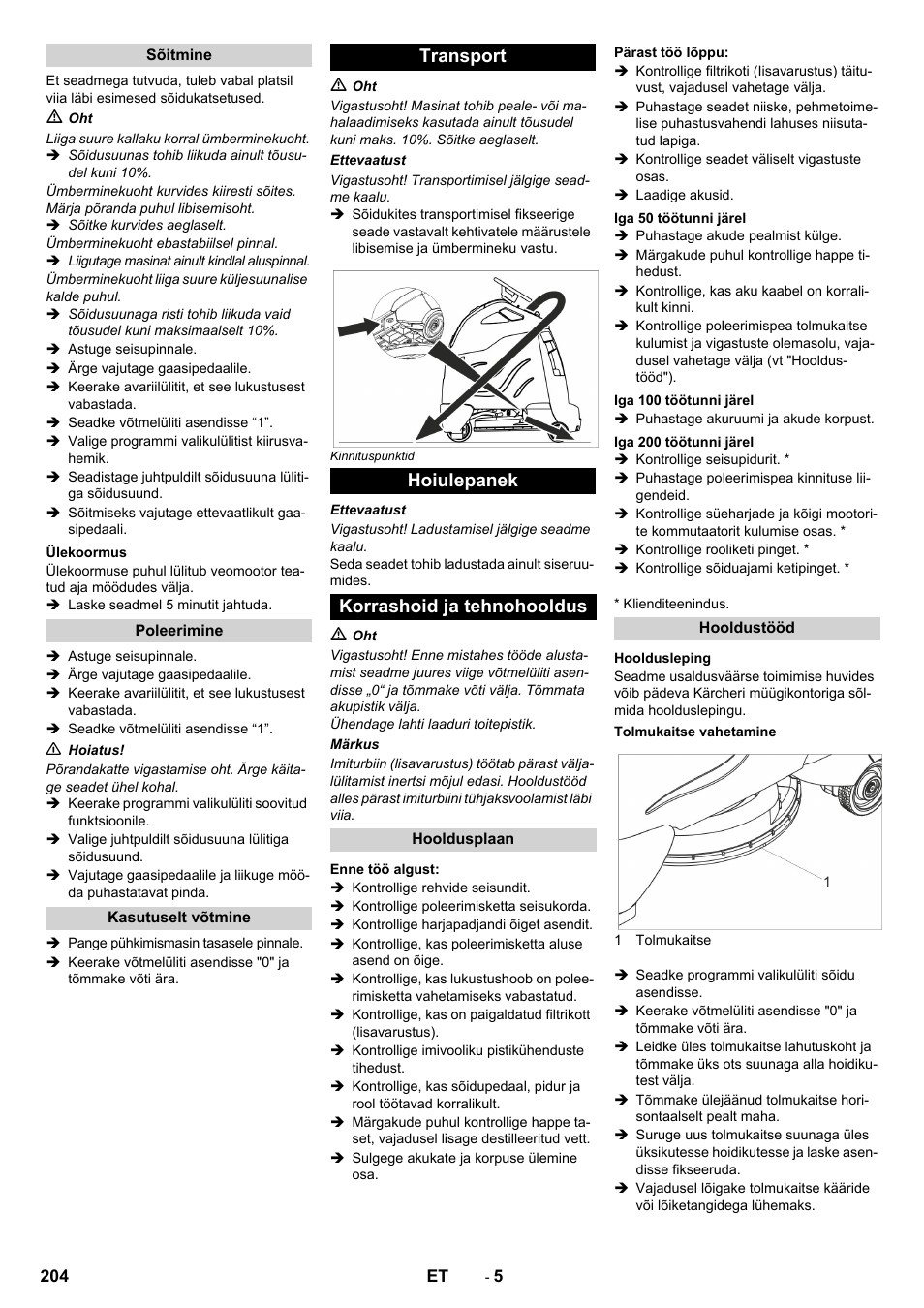 Transport hoiulepanek korrashoid ja tehnohooldus | Karcher BDP 50 - 2000 RS Bp Pack User Manual | Page 204 / 236