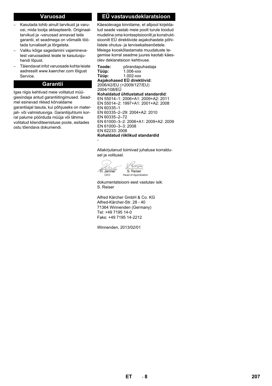Varuosad garantii eü vastavusdeklaratsioon | Karcher BDP 50 - 2000 RS Bp Pack User Manual | Page 207 / 236