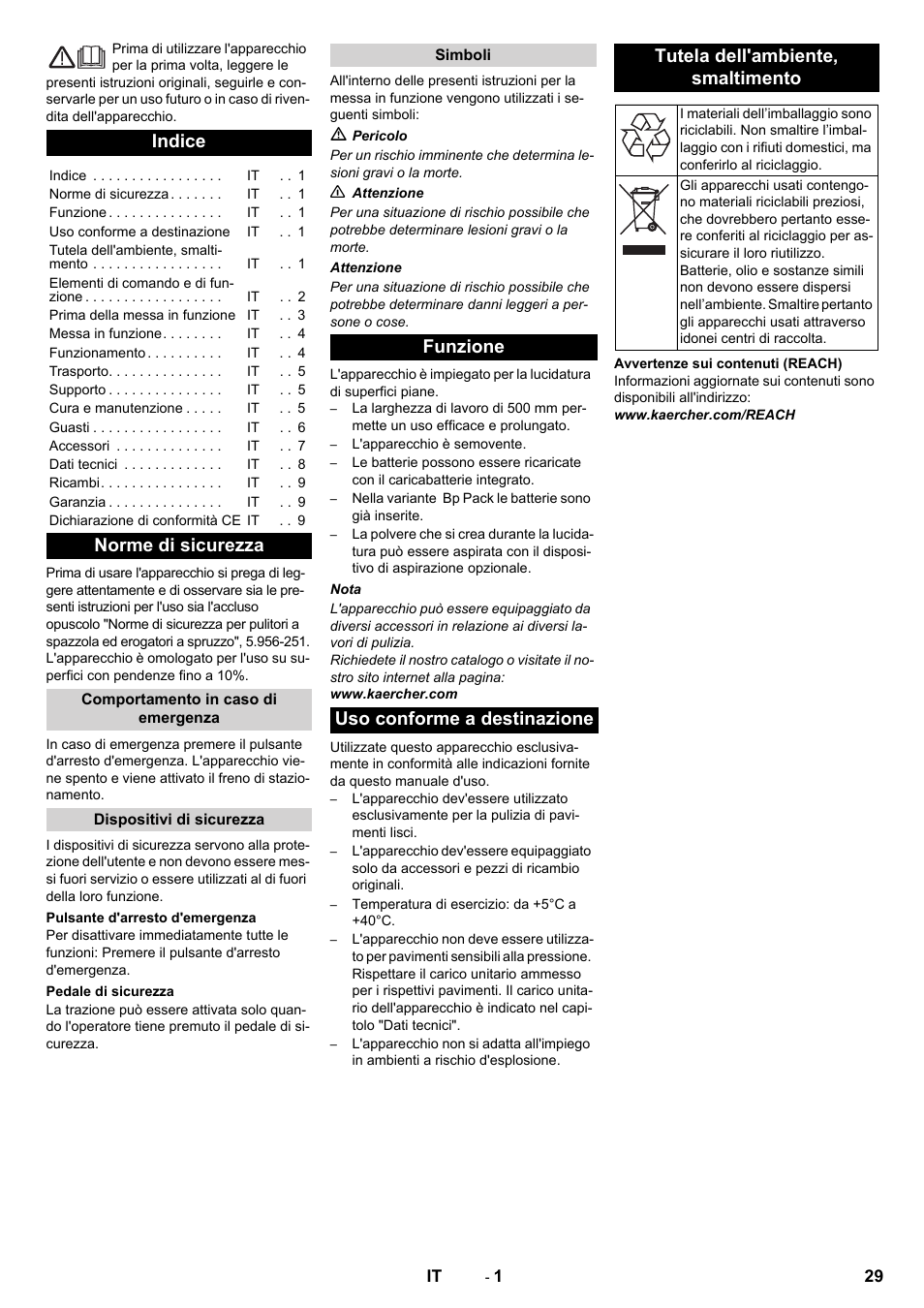 Italiano, Indice, Norme di sicurezza | Karcher BDP 50 - 2000 RS Bp Pack User Manual | Page 29 / 236