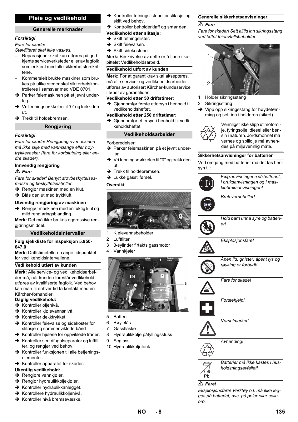 Pleie og vedlikehold | Karcher KM 150-500 LPG User Manual | Page 135 / 457