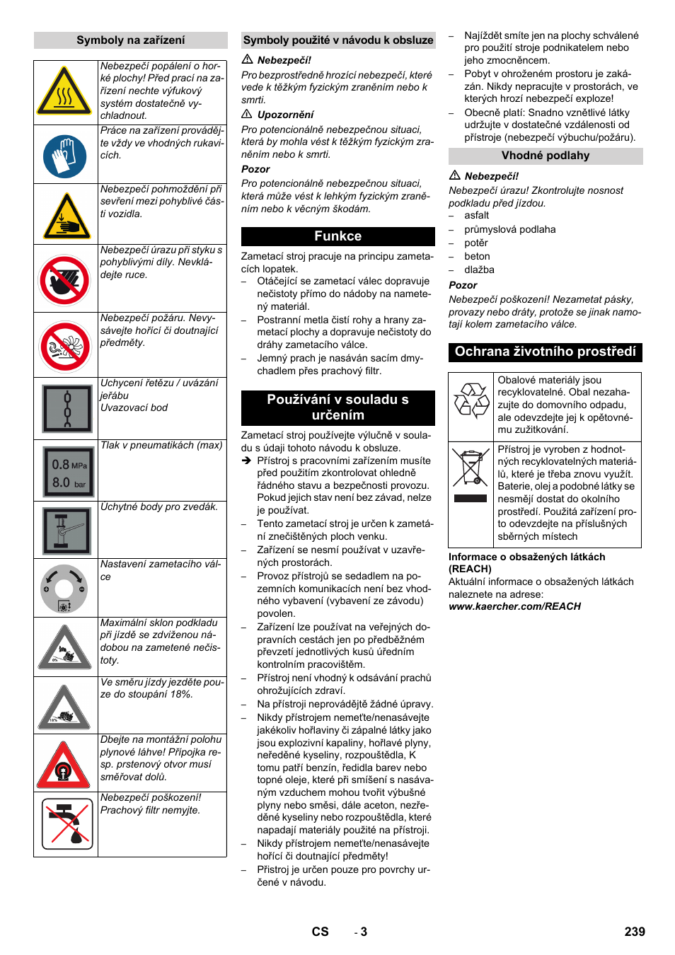 Funkce používání v souladu s určením, Ochrana životního prostředí | Karcher KM 150-500 LPG User Manual | Page 239 / 457