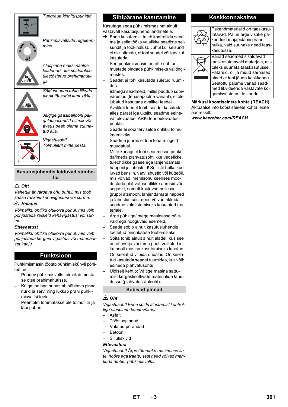 Funktsioon sihipärane kasutamine, Keskkonnakaitse | Karcher KM 150-500 LPG User Manual | Page 361 / 457