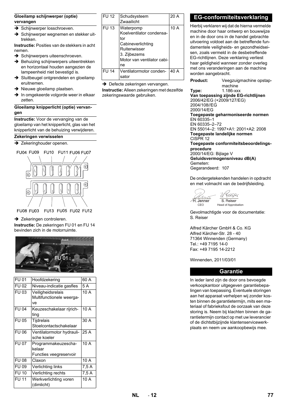 Eg-conformiteitsverklaring, Garantie | Karcher KM 150-500 LPG User Manual | Page 77 / 457