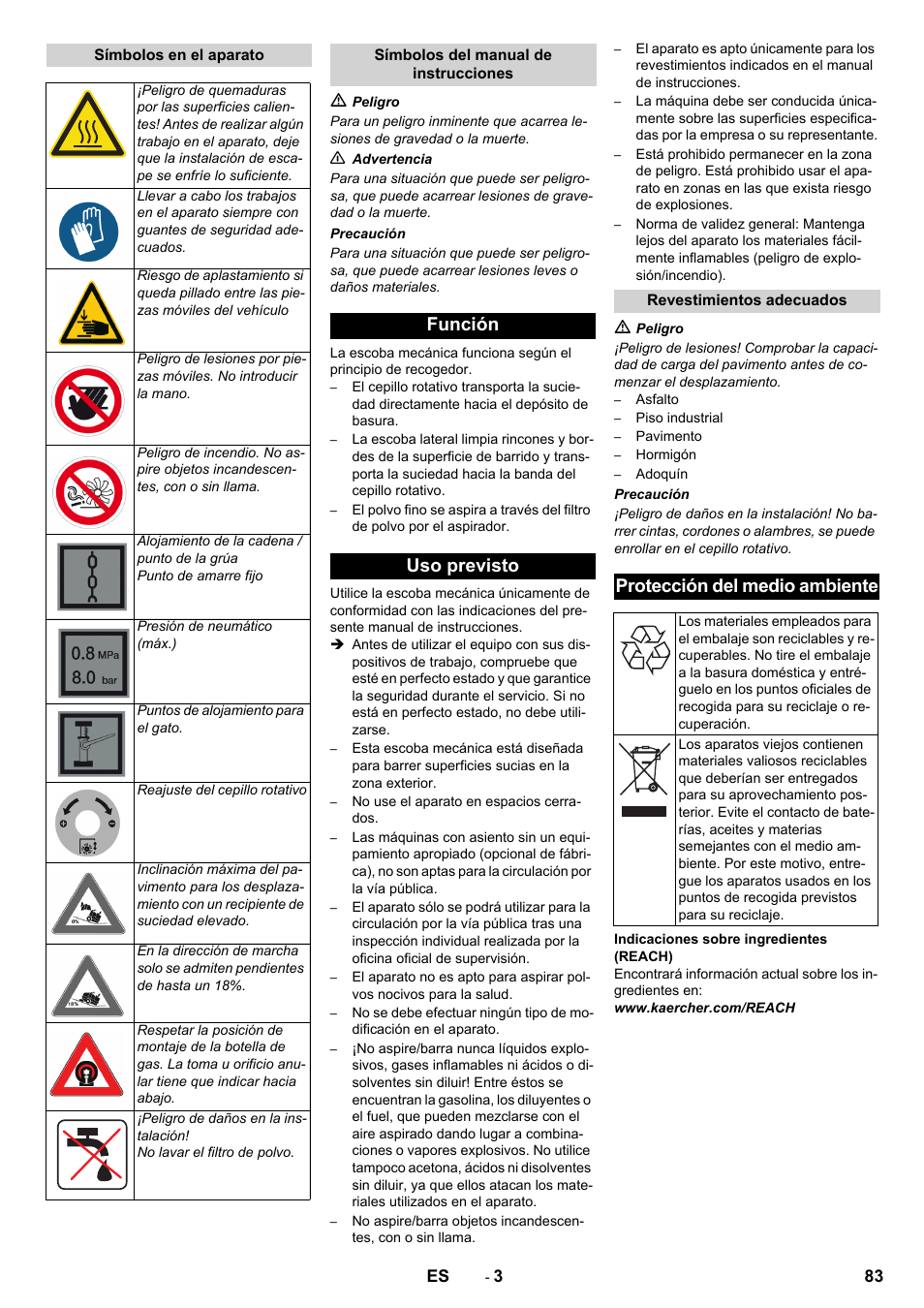 Función uso previsto, Protección del medio ambiente | Karcher KM 150-500 LPG User Manual | Page 83 / 457