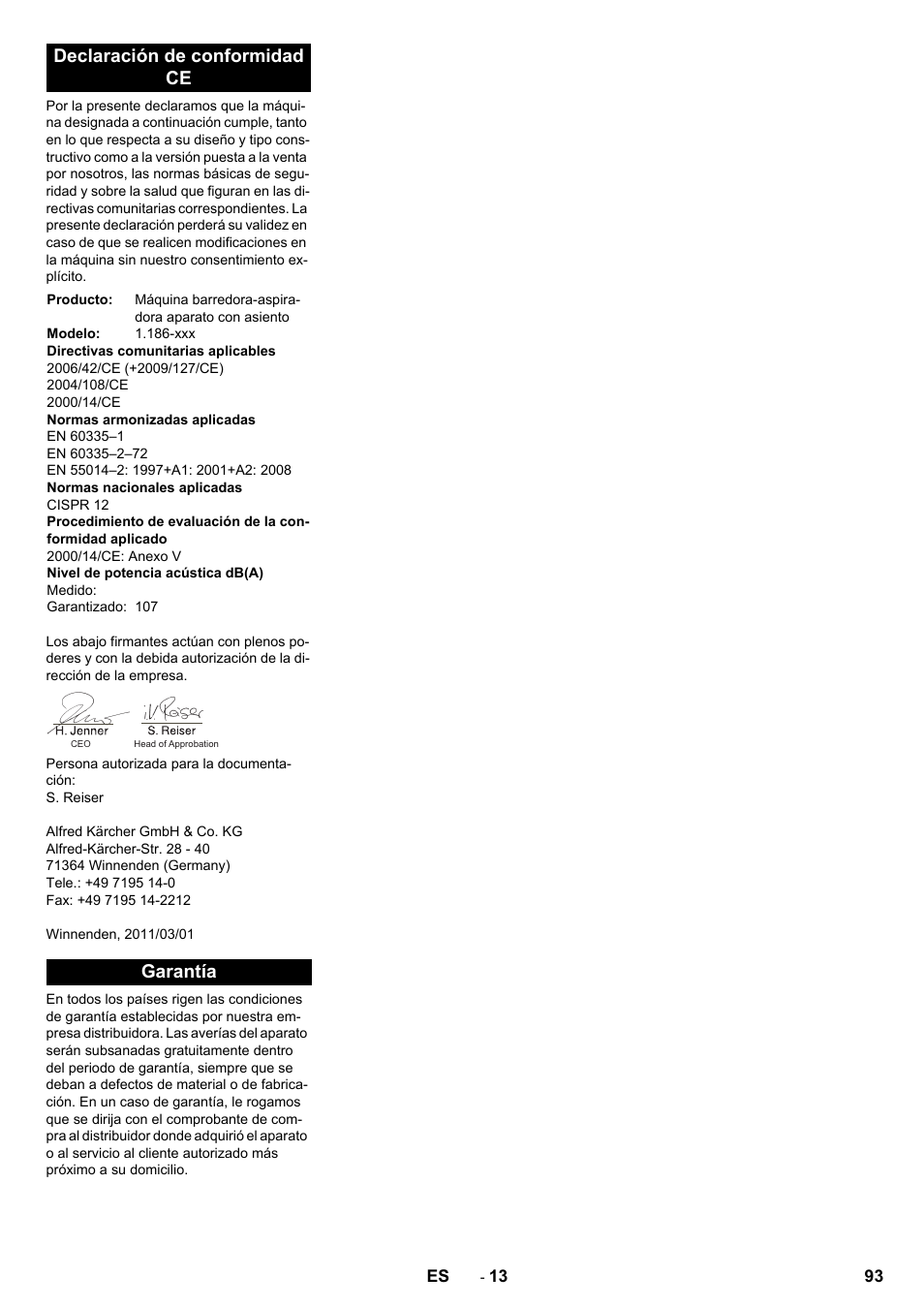 Declaración de conformidad ce, Garantía | Karcher KM 150-500 LPG User Manual | Page 93 / 457