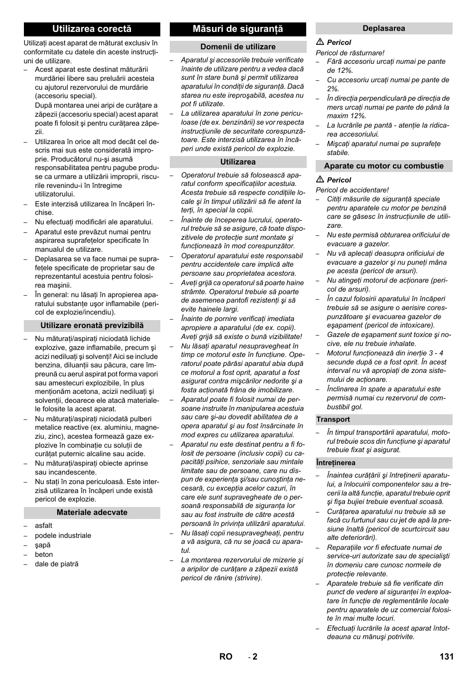 Utilizarea corectă, Măsuri de siguranţă, 131 ro | Karcher KM 80 W P User Manual | Page 131 / 196