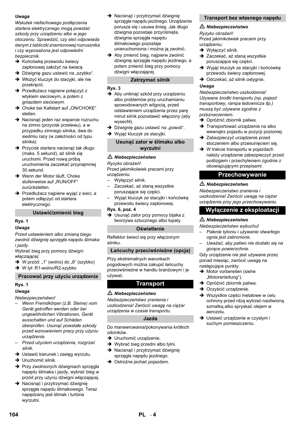 Transport, Przechowywanie wyłączenie z eksploatacji | Karcher STH 8-66 User Manual | Page 104 / 128