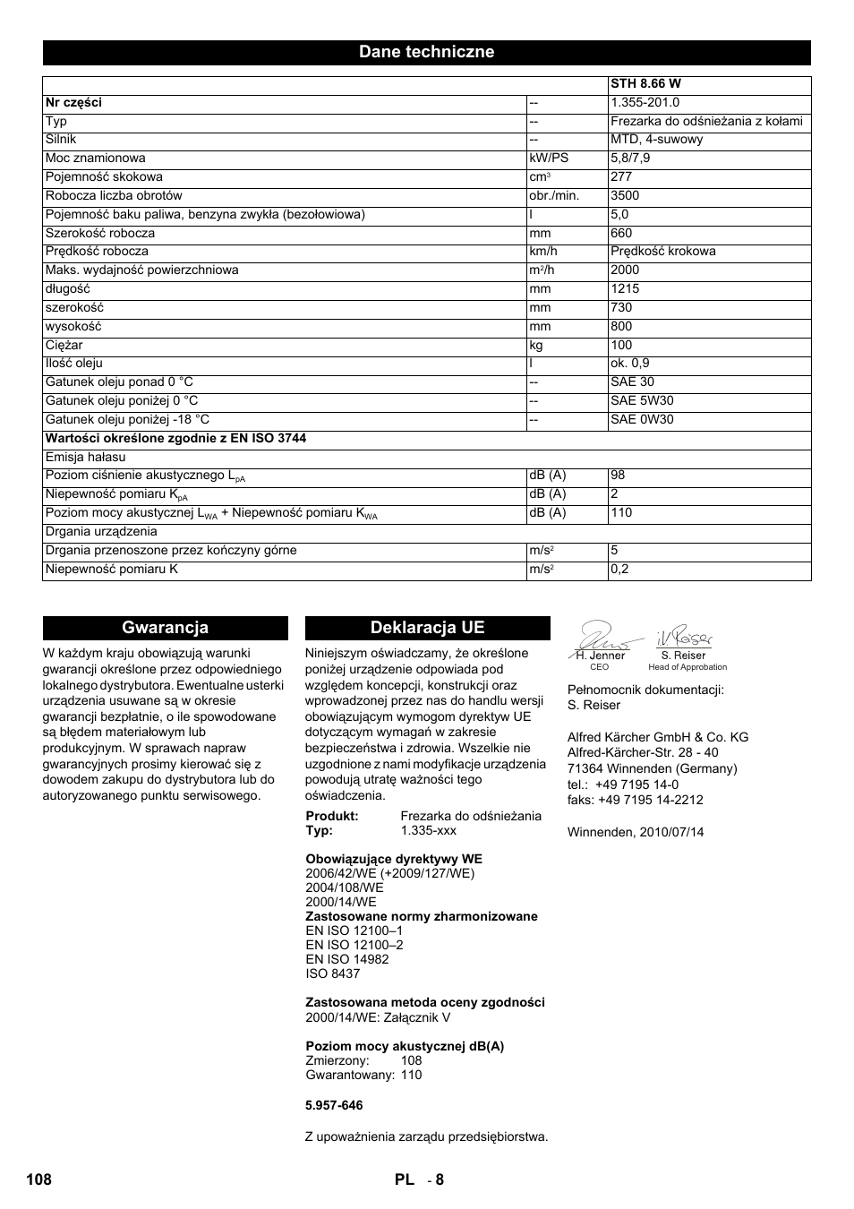 Dane techniczne, Gwarancja deklaracja ue | Karcher STH 8-66 User Manual | Page 108 / 128