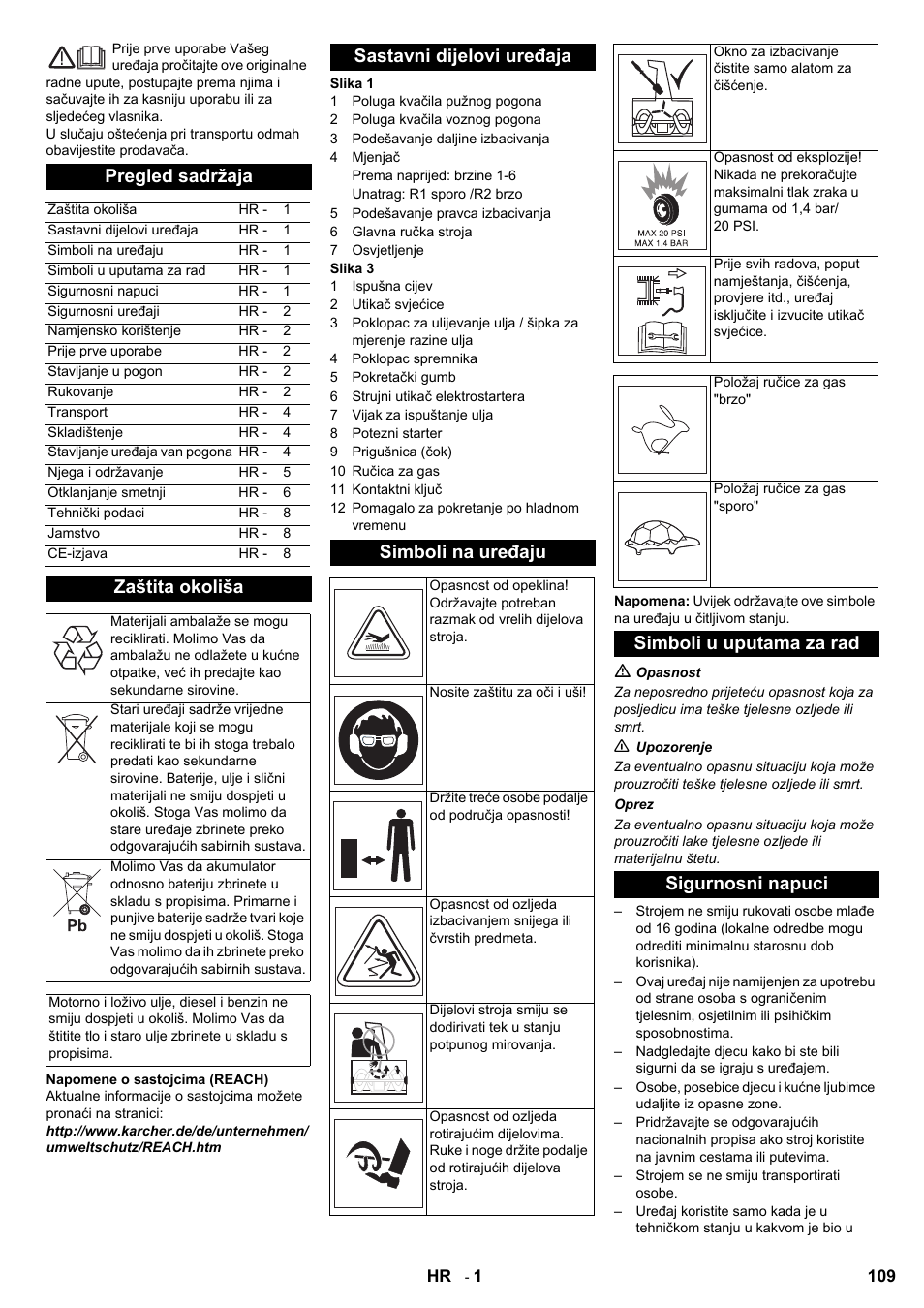 Pregled sadržaja, Zaštita okoliša, Sastavni dijelovi uređaja simboli na uređaju | Simboli u uputama za rad sigurnosni napuci | Karcher STH 8-66 User Manual | Page 109 / 128
