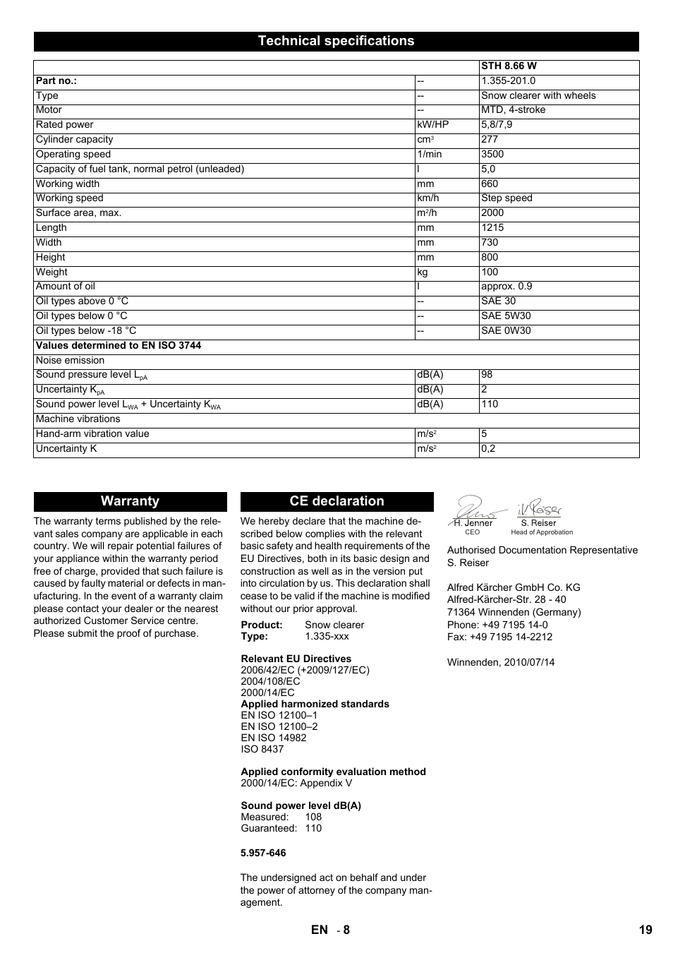 Technical specifications, Warranty ce declaration | Karcher STH 8-66 User Manual | Page 19 / 128