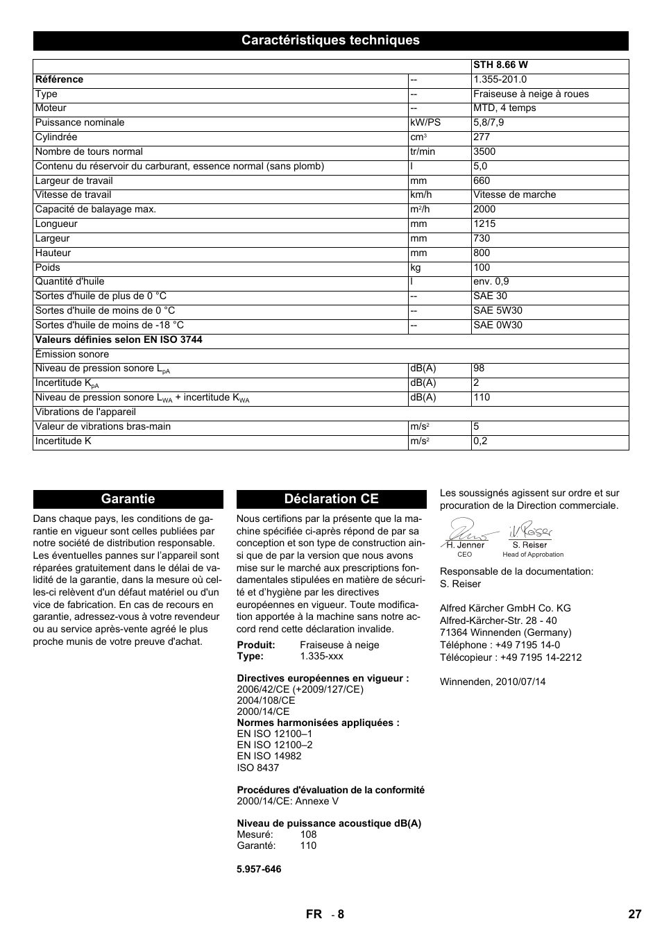 Caractéristiques techniques, Garantie déclaration ce | Karcher STH 8-66 User Manual | Page 27 / 128