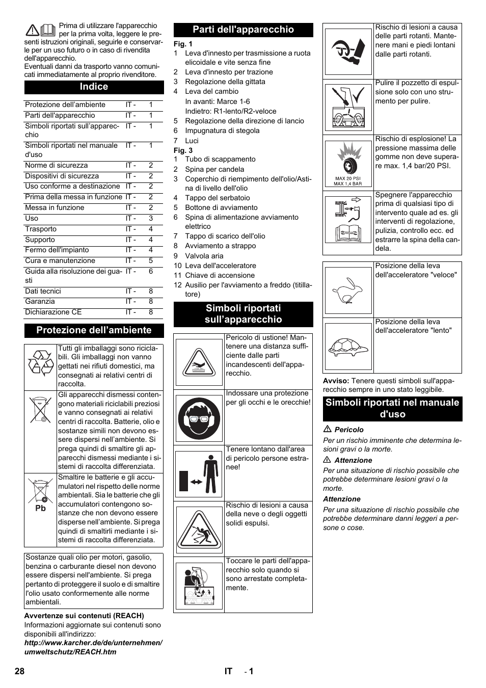 Indice, Protezione dell’ambiente, Simboli riportati nel manuale d'uso | Karcher STH 8-66 User Manual | Page 28 / 128