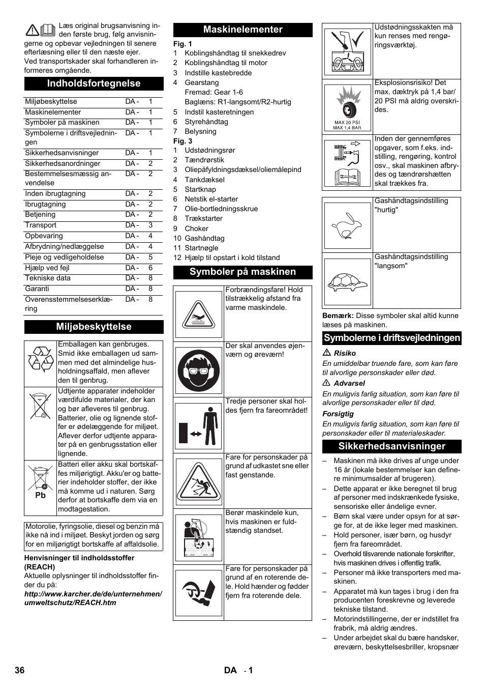 Indholdsfortegnelse, Miljøbeskyttelse, Maskinelementer symboler på maskinen | Karcher STH 8-66 User Manual | Page 36 / 128