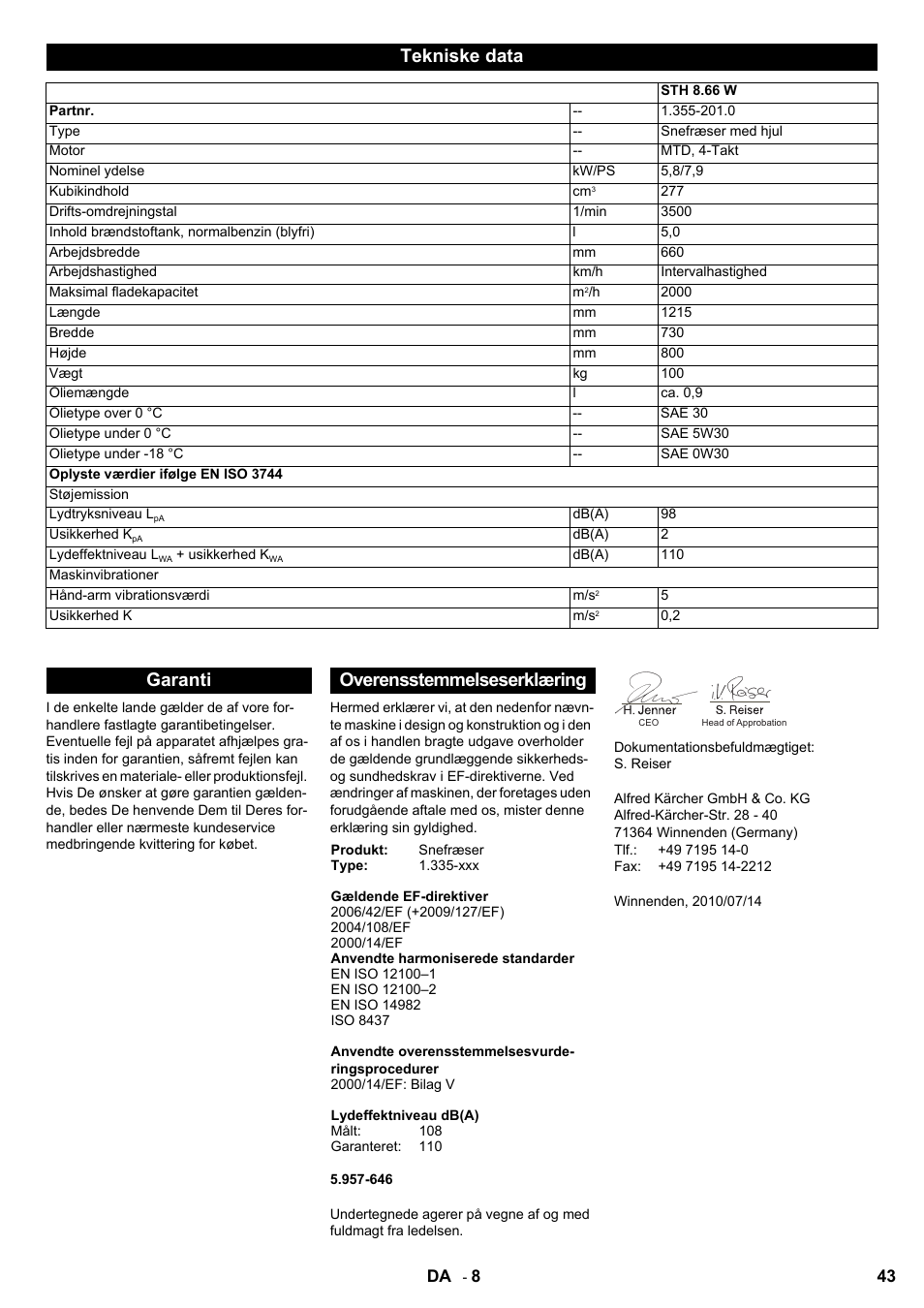 Tekniske data, Garanti overensstemmelseserklæring | Karcher STH 8-66 User Manual | Page 43 / 128