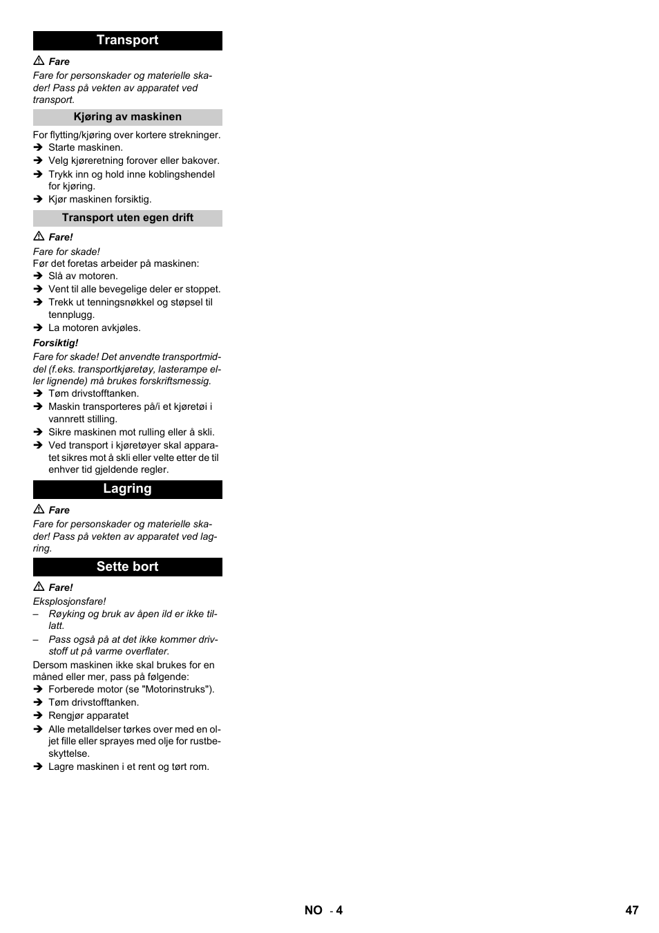 Transport, Lagring sette bort | Karcher STH 8-66 User Manual | Page 47 / 128