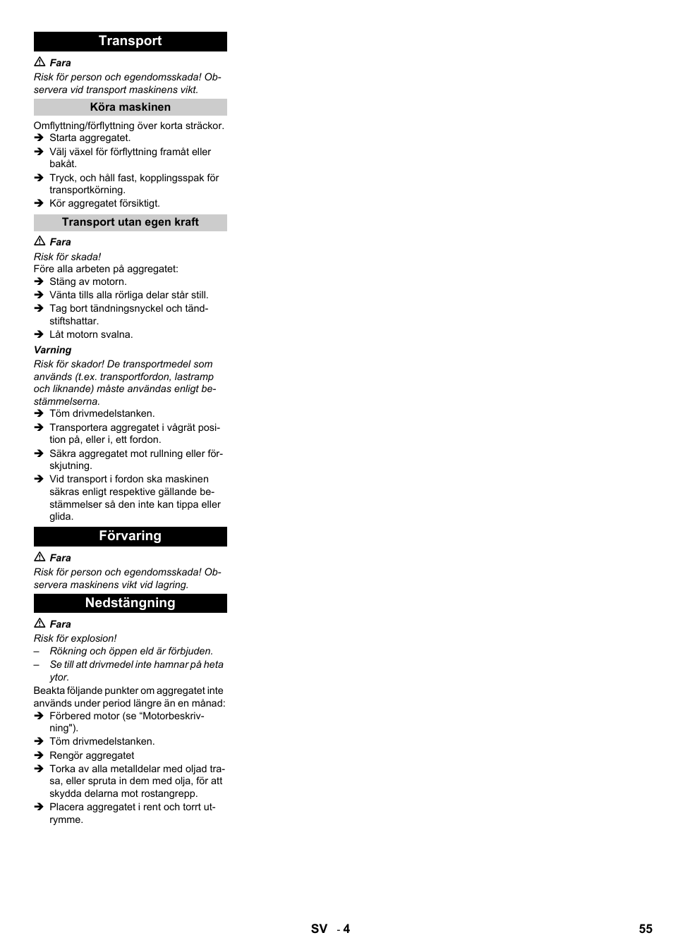 Transport, Förvaring nedstängning | Karcher STH 8-66 User Manual | Page 55 / 128