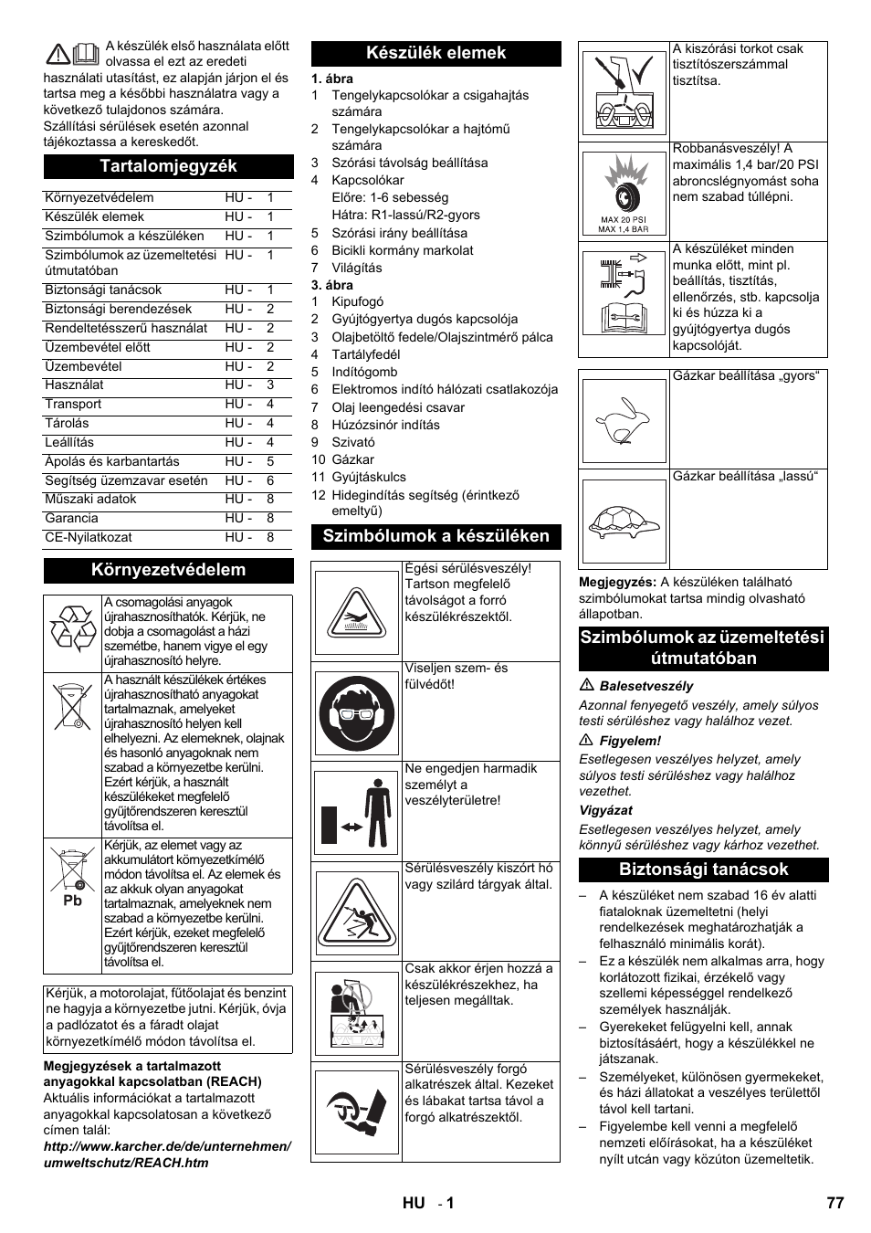 Tartalomjegyzék, Környezetvédelem, Készülék elemek szimbólumok a készüléken | Karcher STH 8-66 User Manual | Page 77 / 128