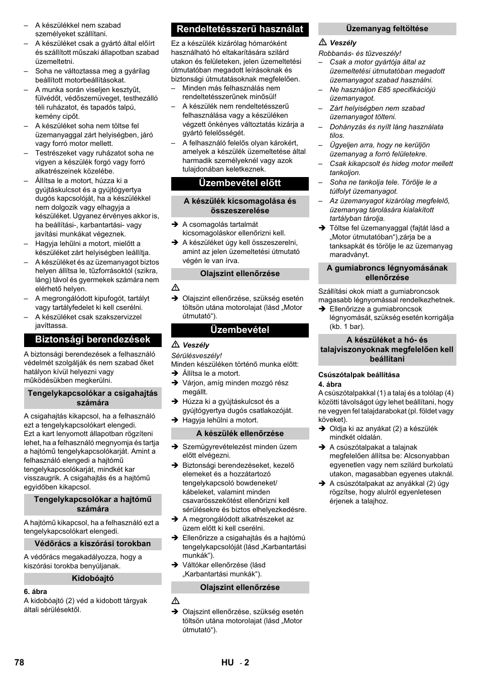 Biztonsági berendezések, Rendeltetésszerű használat üzembevétel előtt, Üzembevétel | Karcher STH 8-66 User Manual | Page 78 / 128
