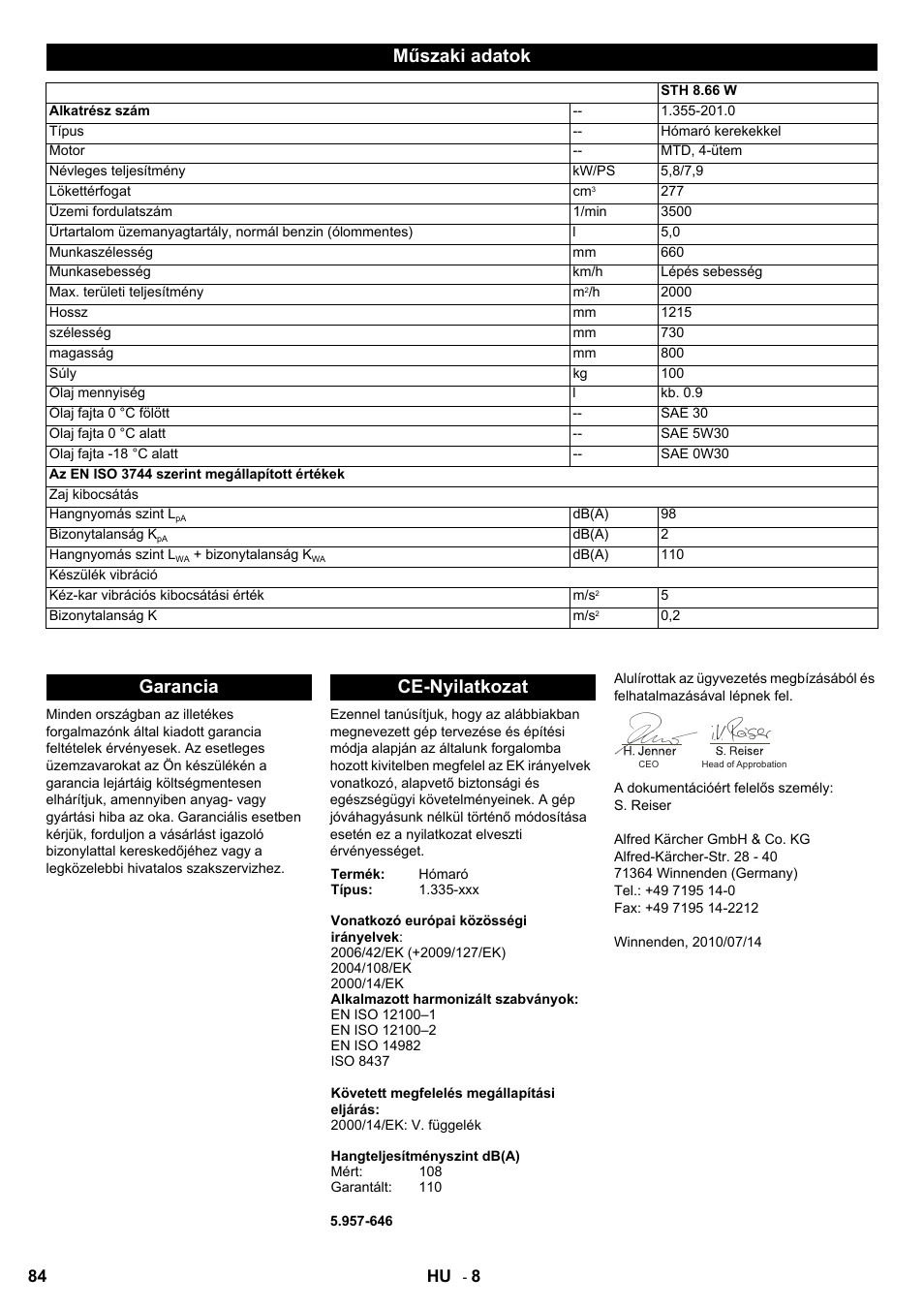 Műszaki adatok, Garancia ce-nyilatkozat | Karcher STH 8-66 User Manual | Page 84 / 128