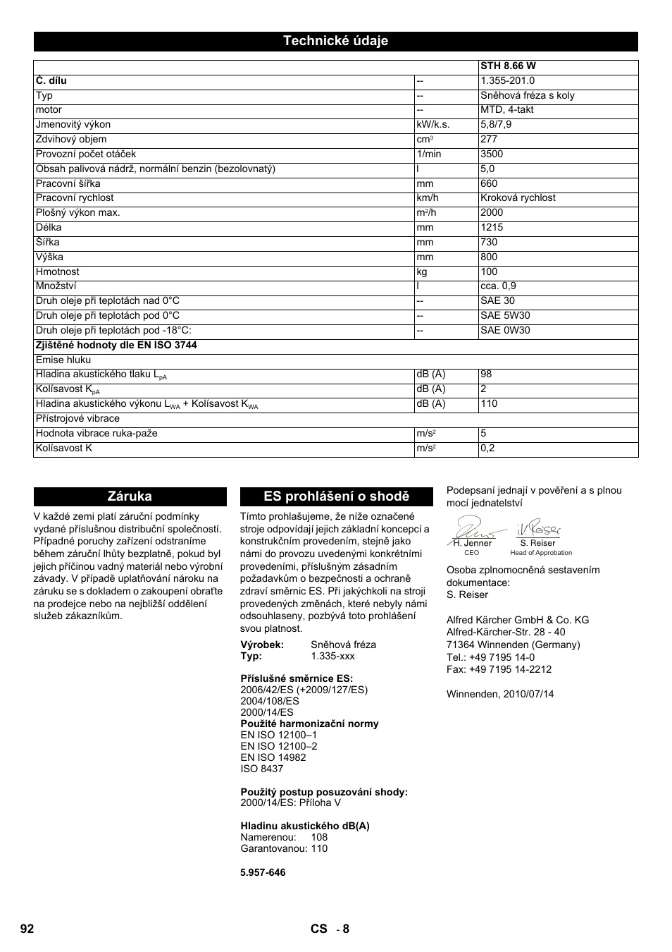 Technické údaje, Záruka es prohlášení o shodě | Karcher STH 8-66 User Manual | Page 92 / 128