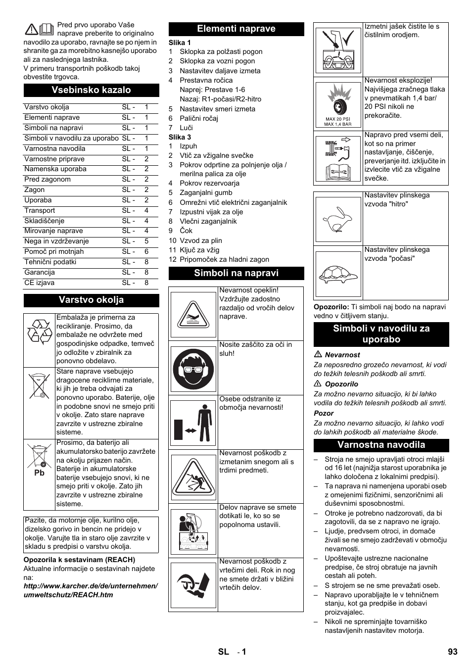 Vsebinsko kazalo, Varstvo okolja, Elementi naprave simboli na napravi | Simboli v navodilu za uporabo varnostna navodila | Karcher STH 8-66 User Manual | Page 93 / 128