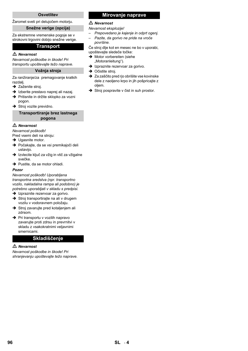 Transport, Skladiščenje mirovanje naprave | Karcher STH 8-66 User Manual | Page 96 / 128