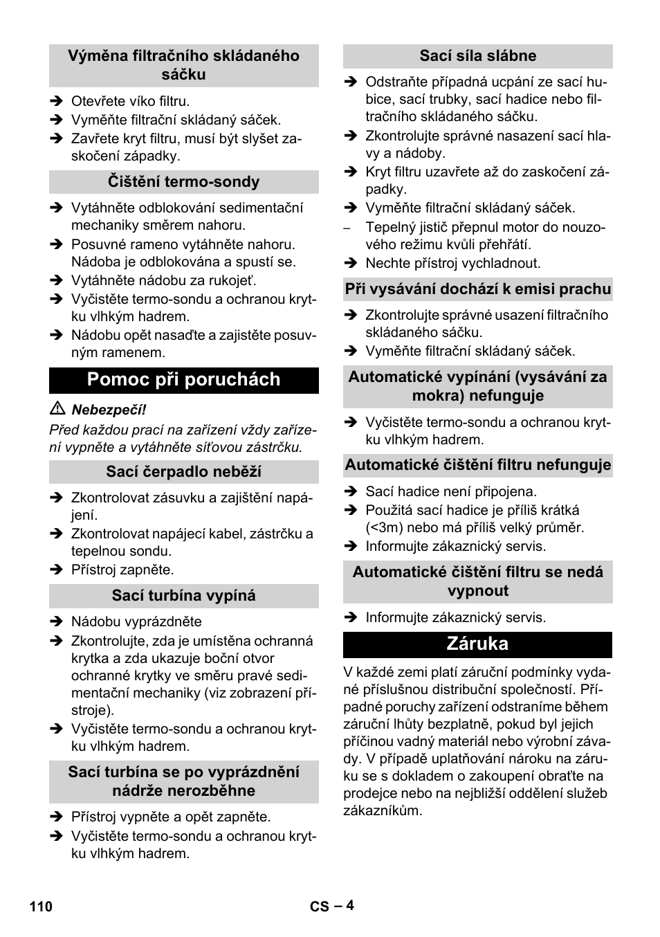 Pomoc při poruchách, Záruka | Karcher IVC 60-12-1 Tact EC User Manual | Page 110 / 188