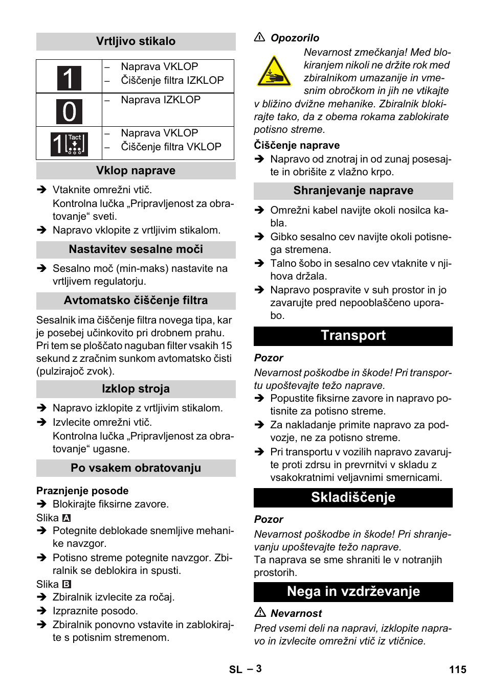 Transport skladiščenje nega in vzdrževanje | Karcher IVC 60-12-1 Tact EC User Manual | Page 115 / 188