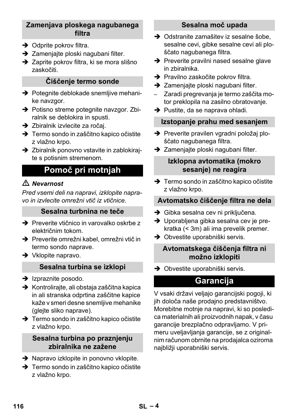 Pomoč pri motnjah, Garancija | Karcher IVC 60-12-1 Tact EC User Manual | Page 116 / 188