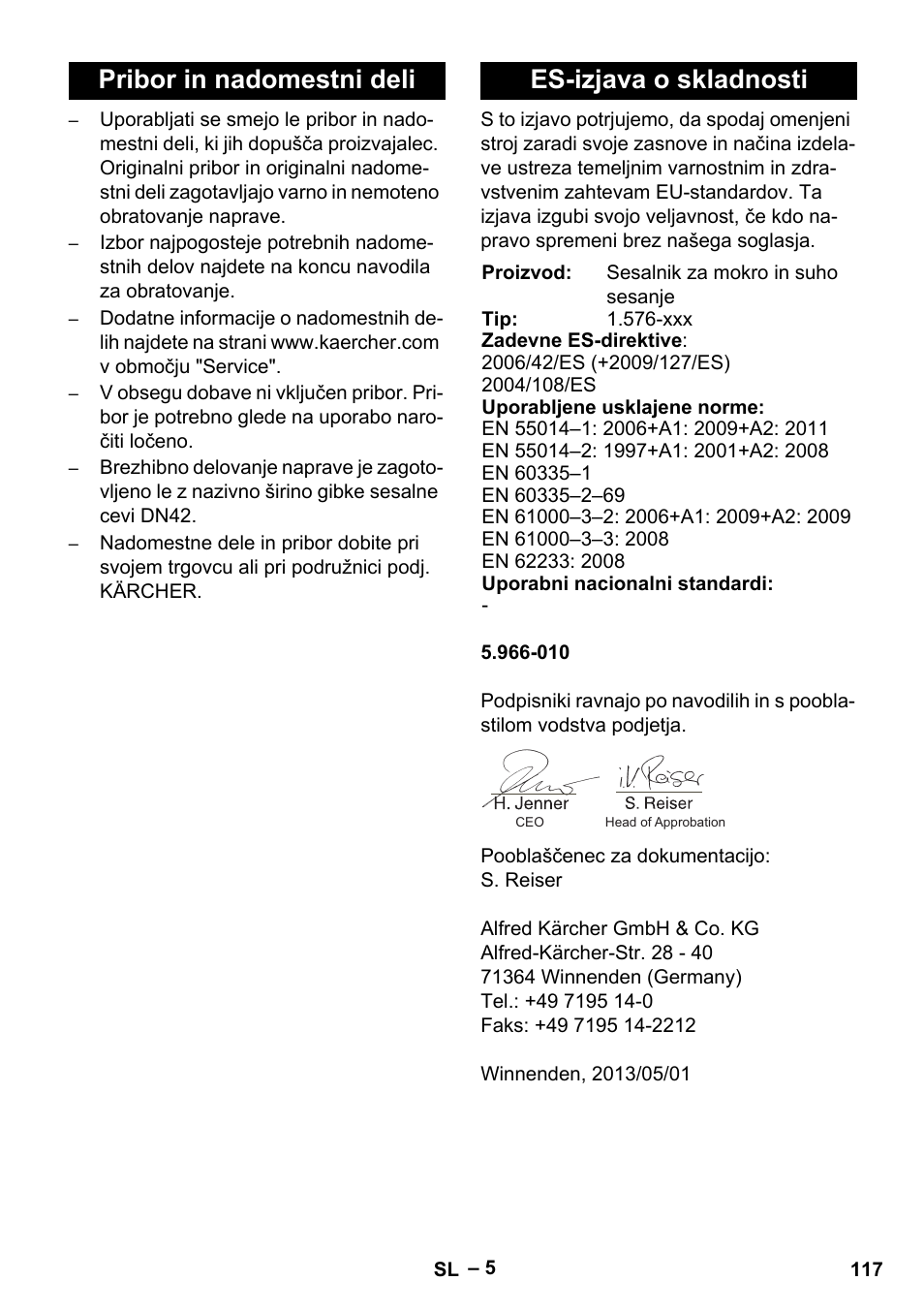 Pribor in nadomestni deli es-izjava o skladnosti | Karcher IVC 60-12-1 Tact EC User Manual | Page 117 / 188
