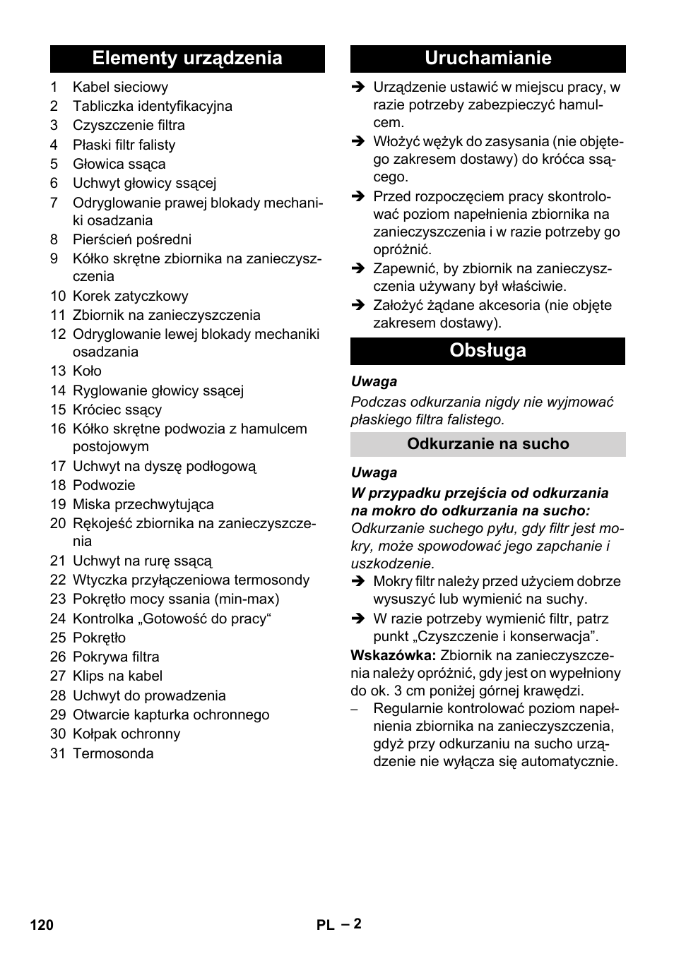 Elementy urządzenia uruchamianie obsługa | Karcher IVC 60-12-1 Tact EC User Manual | Page 120 / 188