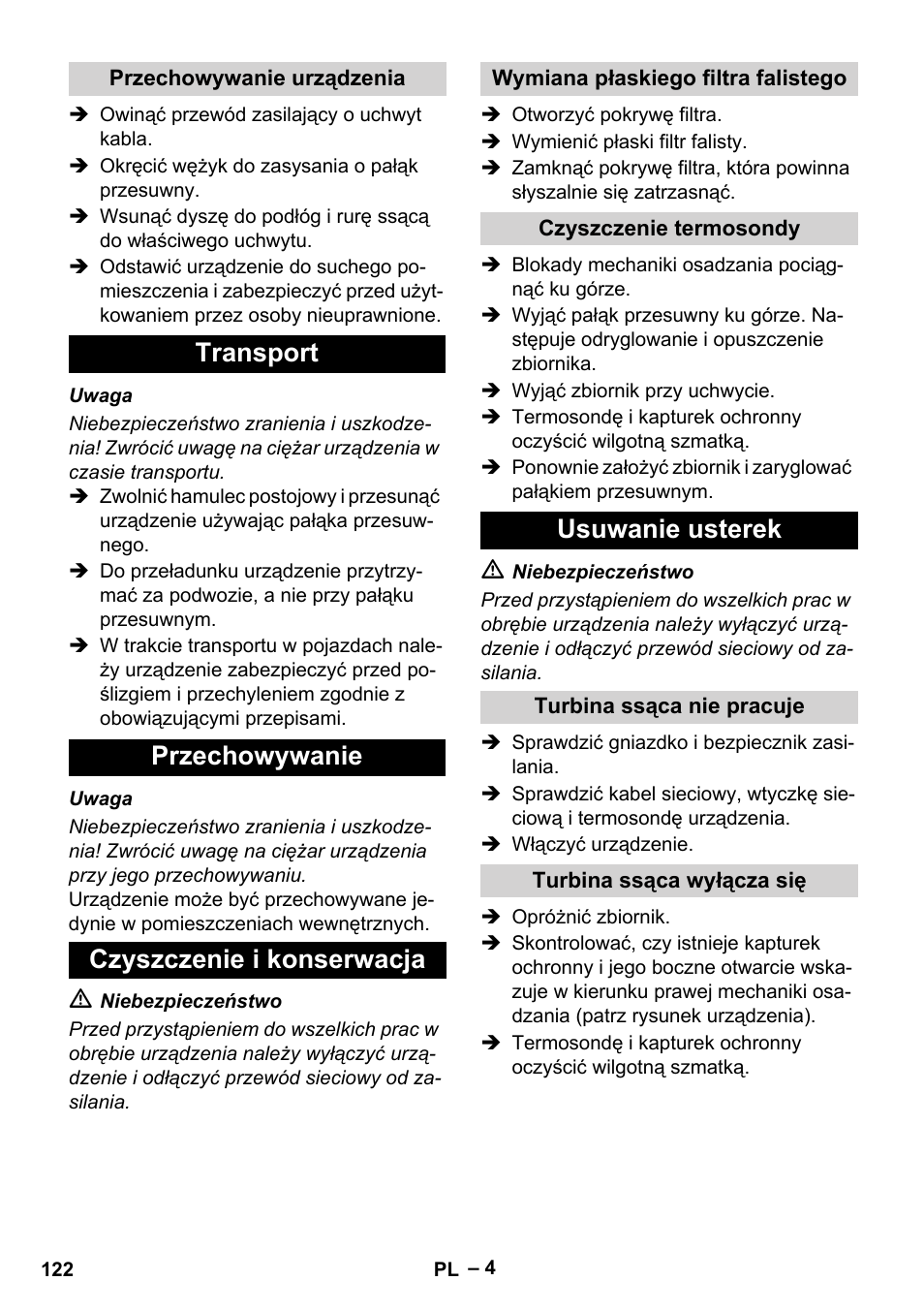 Transport przechowywanie czyszczenie i konserwacja, Usuwanie usterek | Karcher IVC 60-12-1 Tact EC User Manual | Page 122 / 188