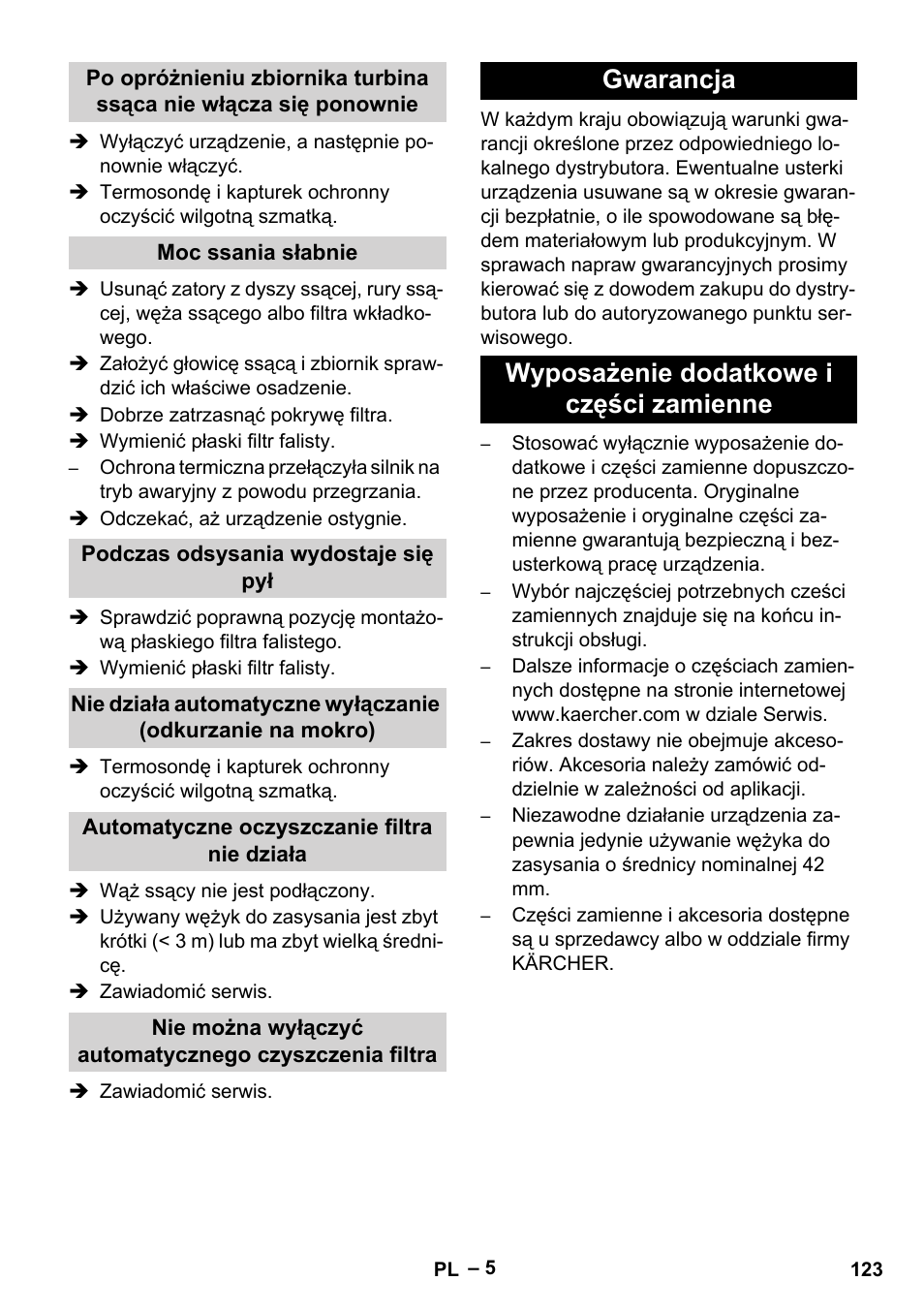 Gwarancja wyposażenie dodatkowe i części zamienne | Karcher IVC 60-12-1 Tact EC User Manual | Page 123 / 188