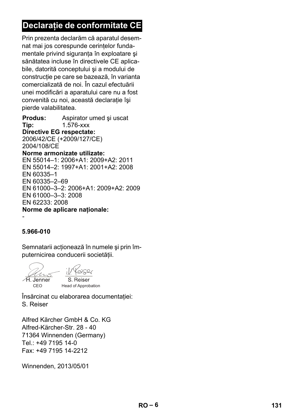 Declaraţie de conformitate ce | Karcher IVC 60-12-1 Tact EC User Manual | Page 131 / 188