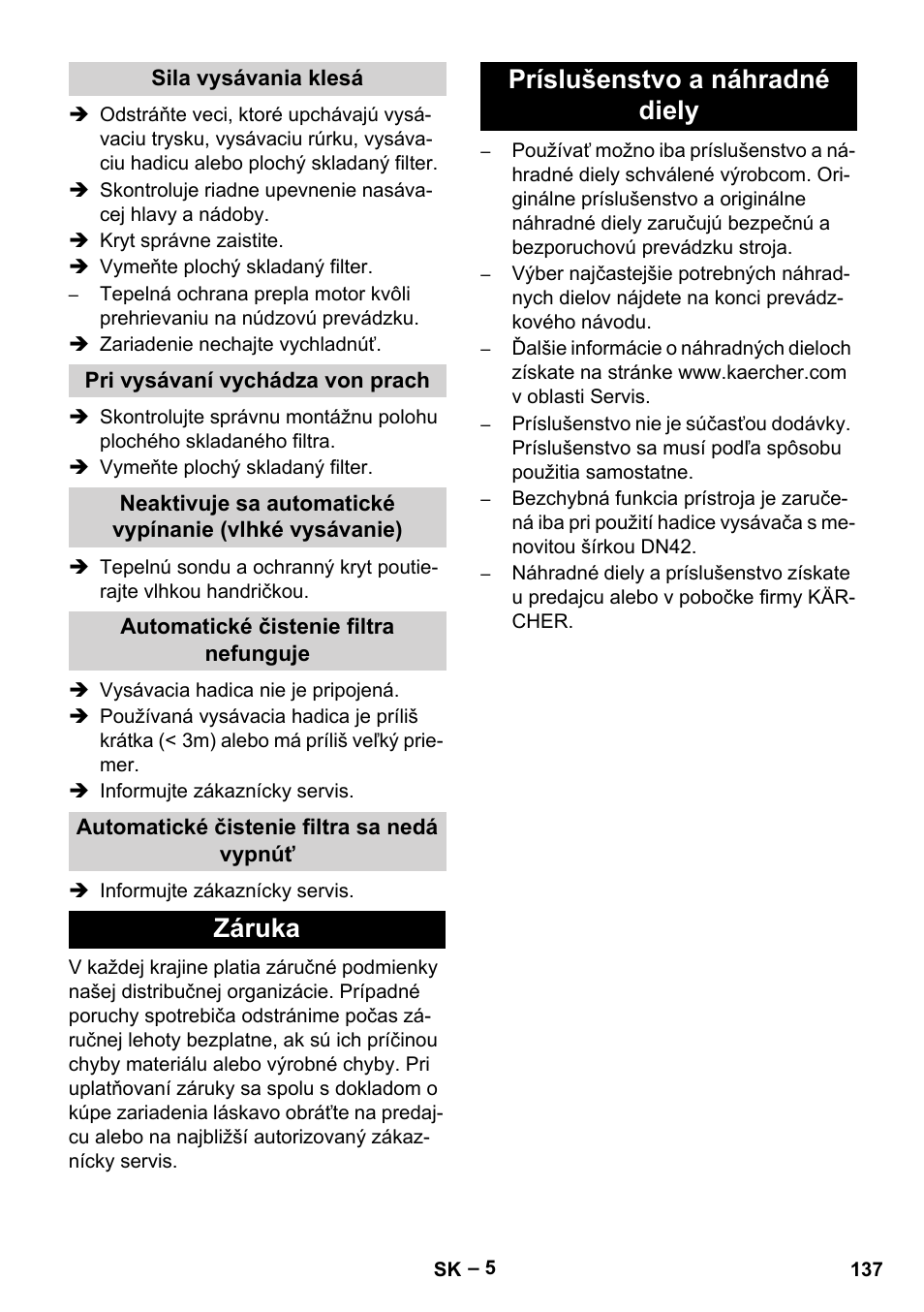 Záruka príslušenstvo a náhradné diely | Karcher IVC 60-12-1 Tact EC User Manual | Page 137 / 188