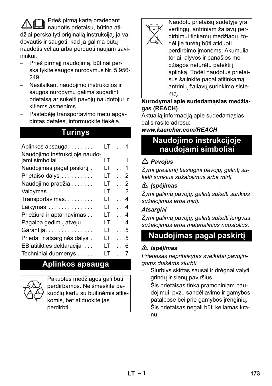 Lietuviškai, Turinys, Aplinkos apsauga | Karcher IVC 60-12-1 Tact EC User Manual | Page 173 / 188