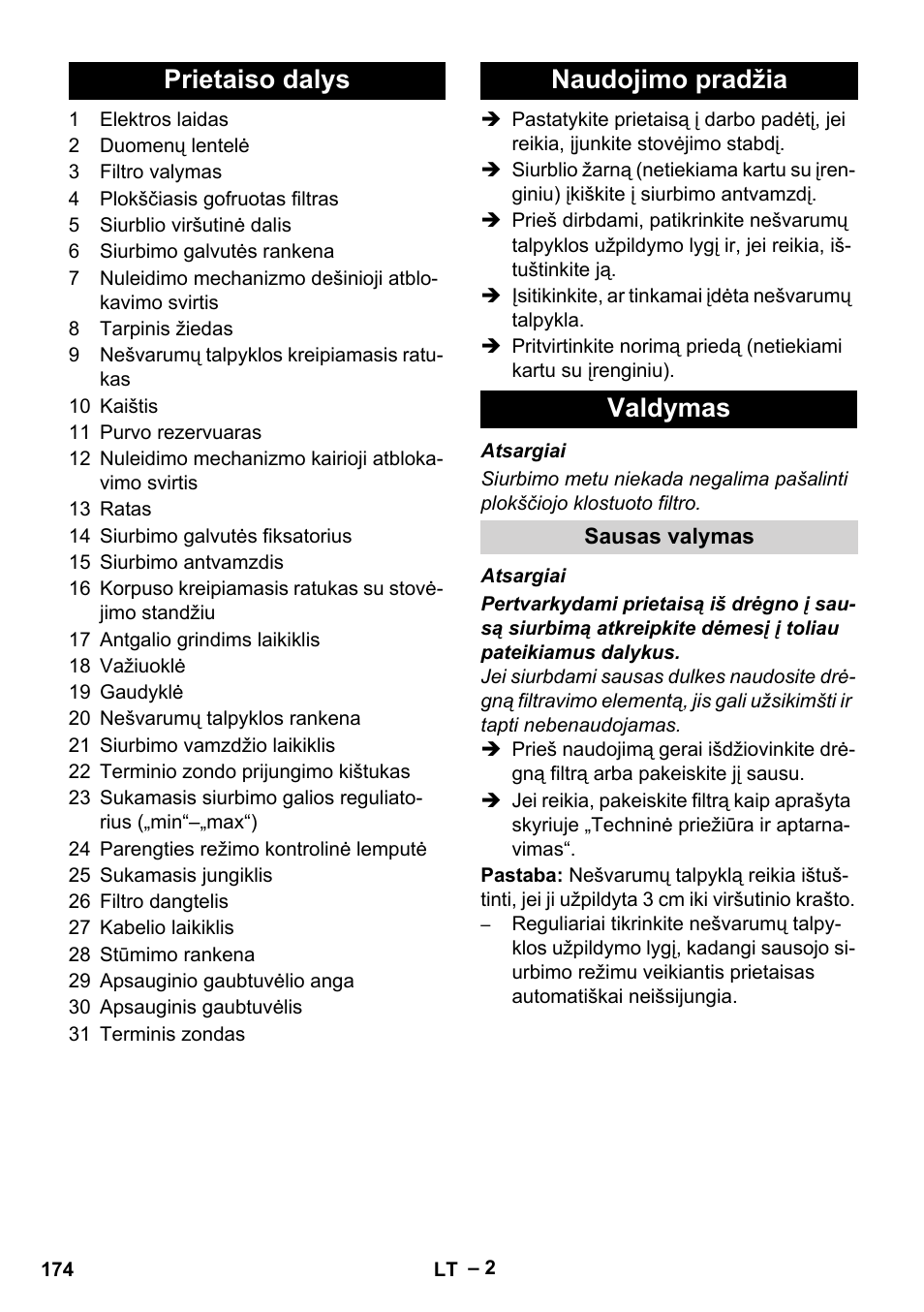 Prietaiso dalys naudojimo pradžia valdymas | Karcher IVC 60-12-1 Tact EC User Manual | Page 174 / 188