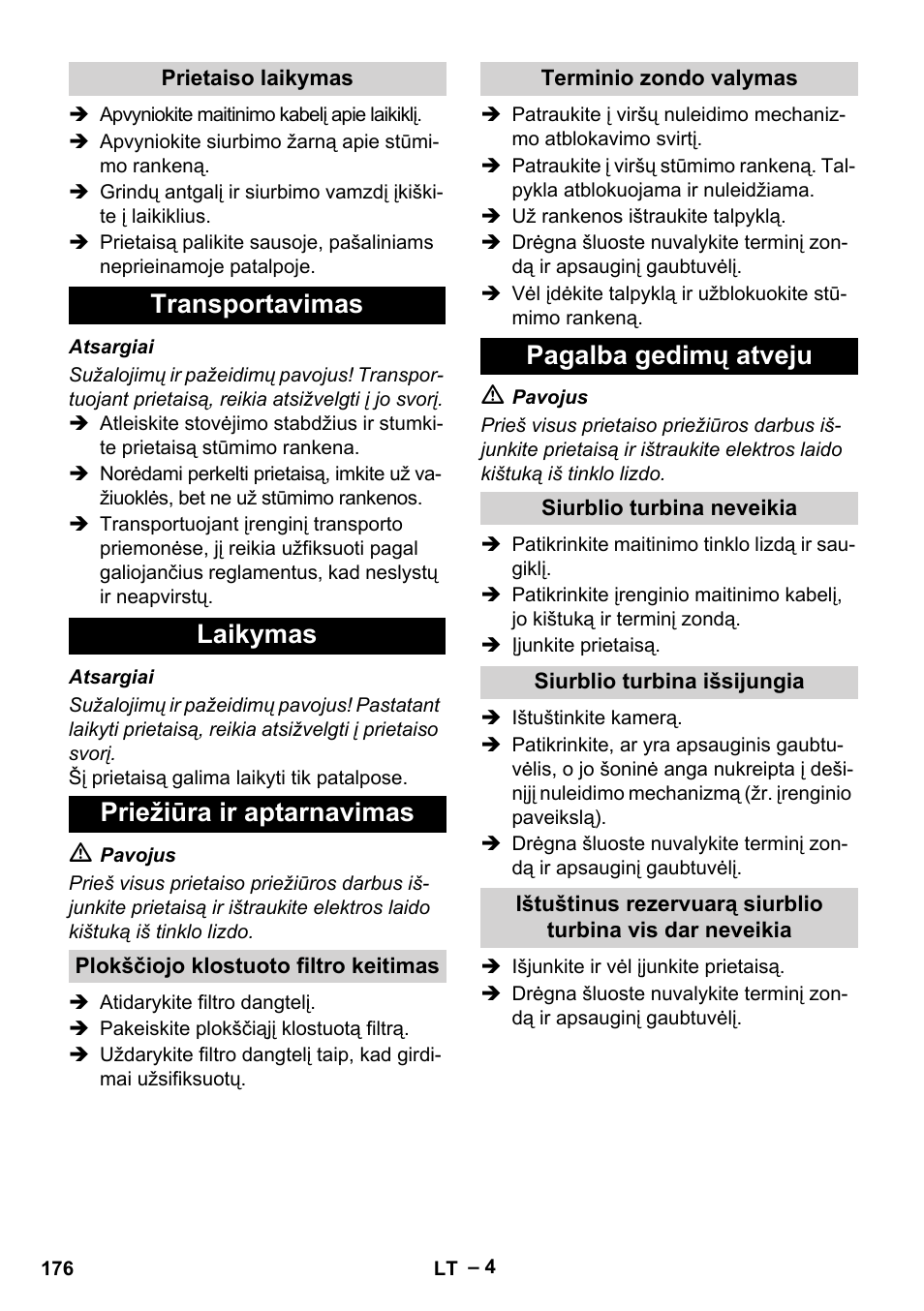 Transportavimas laikymas priežiūra ir aptarnavimas, Pagalba gedimų atveju | Karcher IVC 60-12-1 Tact EC User Manual | Page 176 / 188