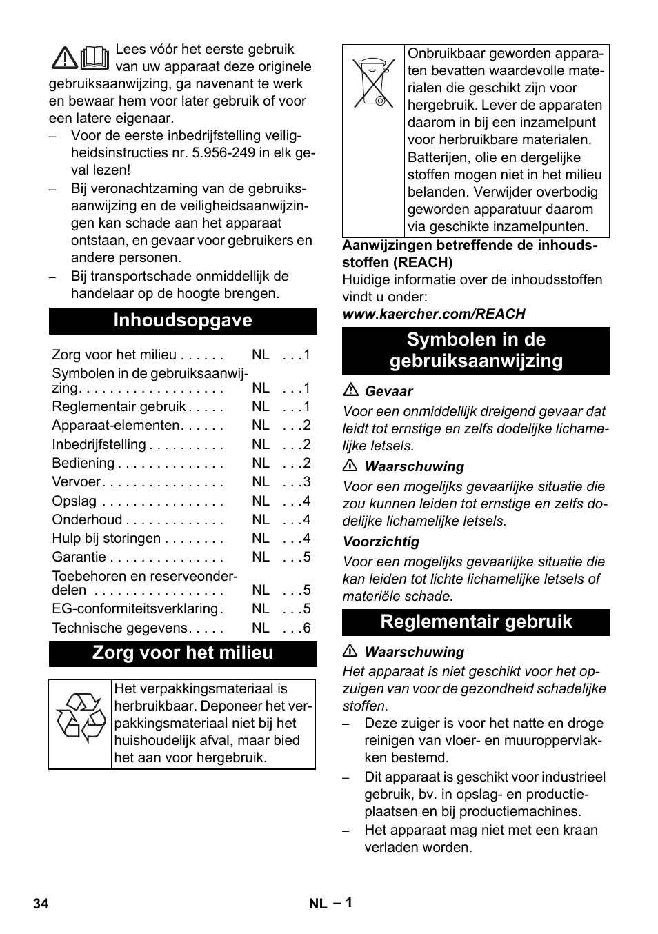 Nederlands, Inhoudsopgave, Zorg voor het milieu | Karcher IVC 60-12-1 Tact EC User Manual | Page 34 / 188