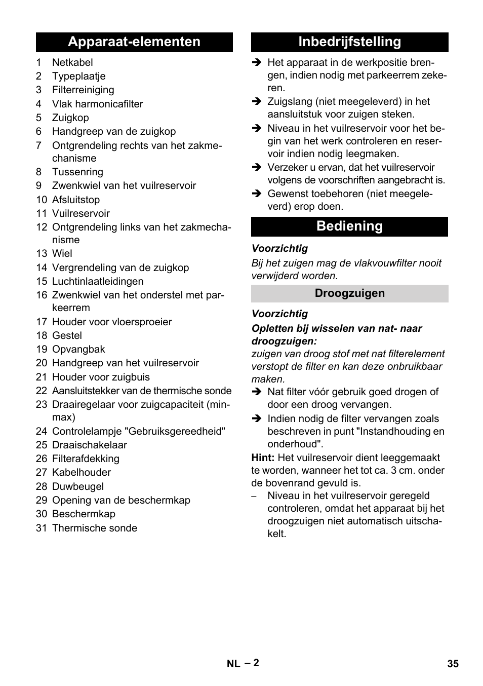 Apparaat-elementen inbedrijfstelling bediening | Karcher IVC 60-12-1 Tact EC User Manual | Page 35 / 188