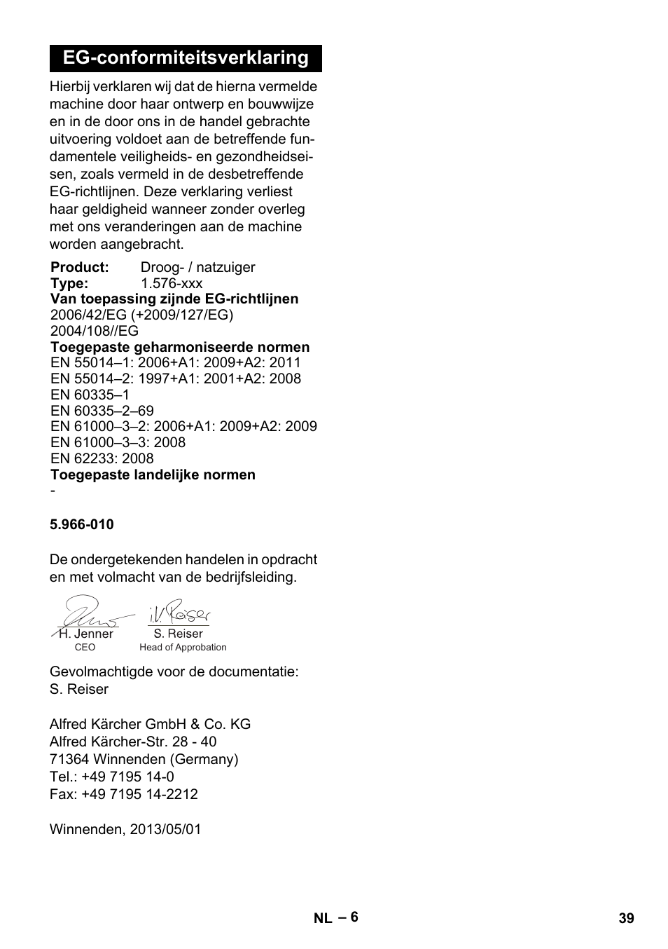 Eg-conformiteitsverklaring | Karcher IVC 60-12-1 Tact EC User Manual | Page 39 / 188