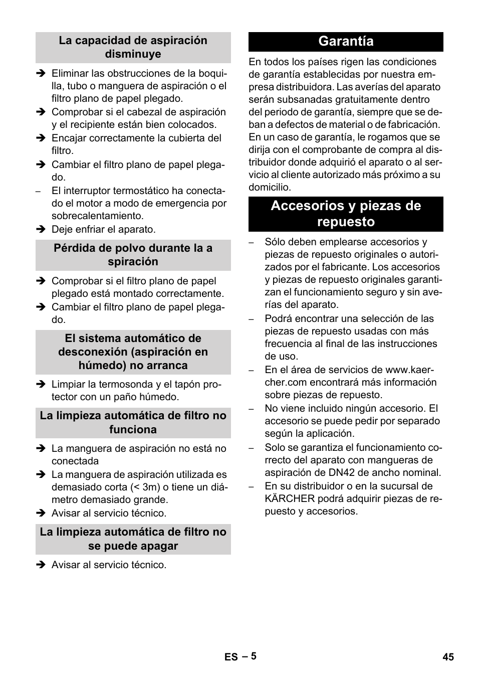 Garantía accesorios y piezas de repuesto | Karcher IVC 60-12-1 Tact EC User Manual | Page 45 / 188
