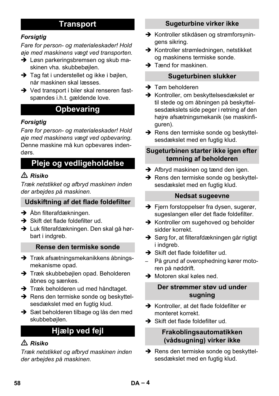 Transport opbevaring pleje og vedligeholdelse, Hjælp ved fejl | Karcher IVC 60-12-1 Tact EC User Manual | Page 58 / 188